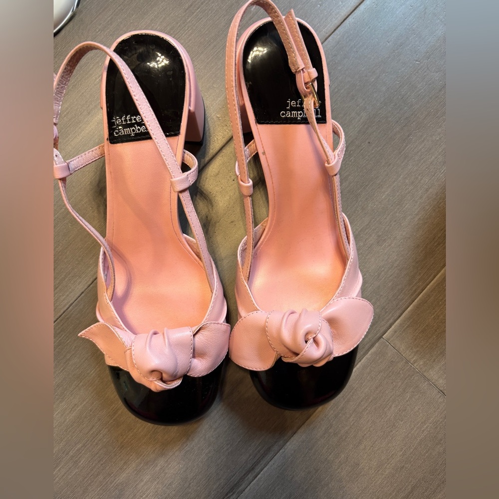 Jeffrey Campbell pink leather w Blk patent toe cap slingback chunky heel.